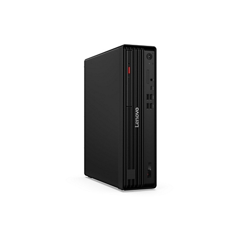 Schwarzer Lenovo-PC, Frontansicht, mit rotem Powerbutton und Logo. ThinkCentre Schriftzug.