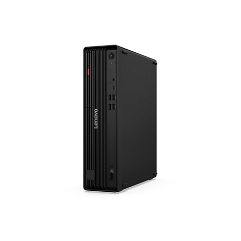 Schwarzer Lenovo ThinkCentre Desktop-PC. Das Gerät steht vor weißem Hintergrund. Vorne links befindet sich der Lenovo-Schriftzug.
