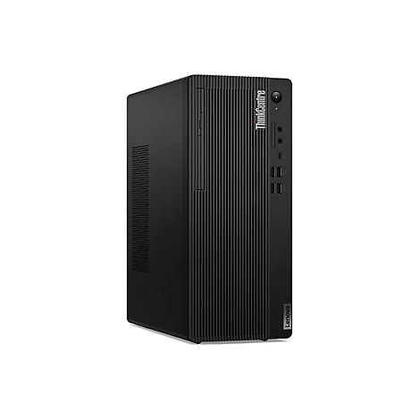Ein schwarzer Lenovo ThinkCentre Tower-PC vor weiÃŸem Hintergrund.