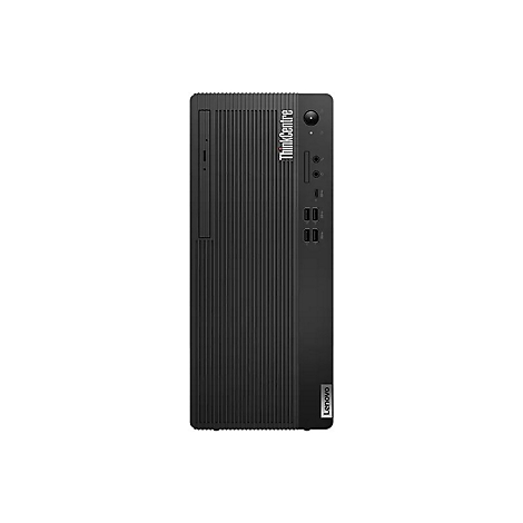 Schwarzer Lenovo ThinkCentre Computer, Frontansicht. Vertikal geriffelte OberflÃ¤che mit AnschlÃ¼ssen und ThinkCentre-Logo.
