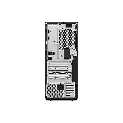RÃ¼ckseite eines schwarzen Computers. Gezeigt werden AnschlÃ¼sse, LÃ¼ftungsschlitze und das Netzkabel.