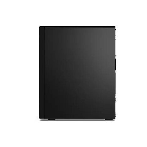 Schwarzer PC-Tower vor weiÃŸem Hintergrund. Die Seite zeigt eine glatte, matte OberflÃ¤che. An der rechten Seite befinden sich AnschlÃ¼sse.
