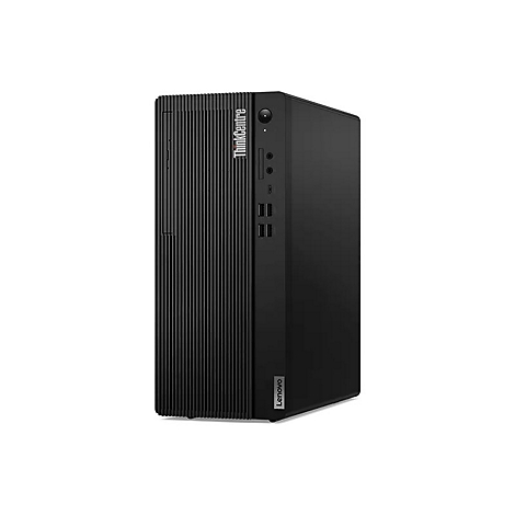 Schwarzer Desktop-PC der Marke Lenovo, ThinkCentre, auf weiÃŸem Hintergrund.