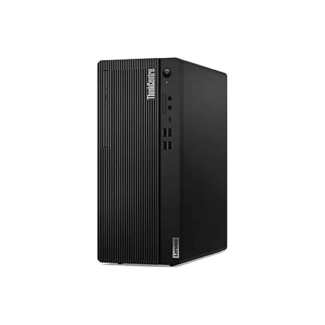 Schwarzer Lenovo ThinkCentre Desktop-PC, Vorderansicht. Links geriffelte Struktur, oben ThinkCentre-Logo.