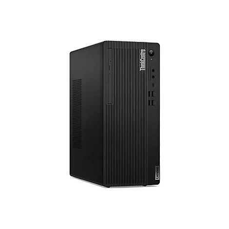 Schwarzer ThinkCentre-Desktop-PC, vertikal stehend, mit Lenovo-Logo. Vertikale Rillen auf der Vorderseite.
