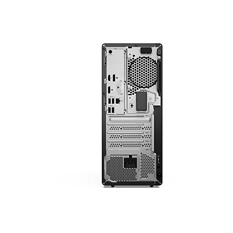 Rückseite eines schwarzen Desktop-Computers mit Anschlüssen, Lüftungsschlitzen und Stromanschluss.