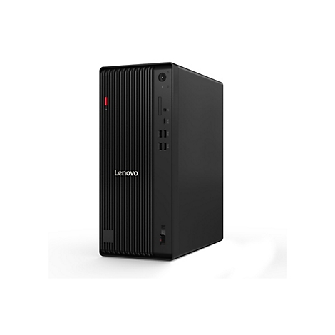 Schwarzer Lenovo ThinkCentre-Desktop-PC, Frontansicht, weißer Hintergrund. Oberhalb des Lenovo-Logos befinden sich Anschlüsse.