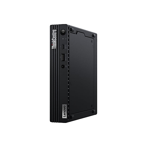 Ein schwarzer Lenovo ThinkCentre Mini-PC, leicht schräg vor weißem Hintergrund. Oben steht ThinkCentre und unten Lenovo.