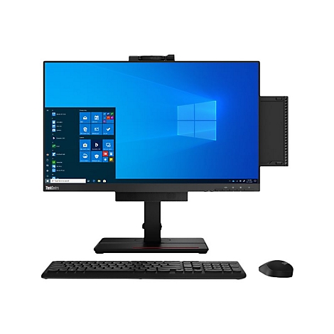 Ein ThinkCentre All-in-One-PC mit Bildschirm, Tastatur, Maus und Webcam.
