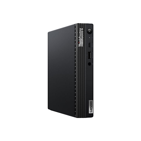 Schwarzer Lenovo ThinkCentre Mini-PC, der aufrecht steht.