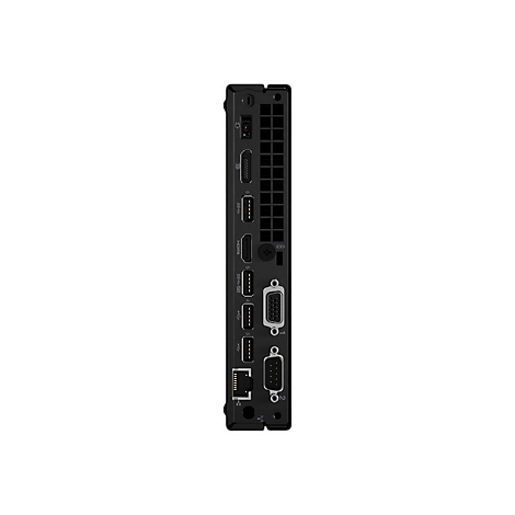 Schwarzgrauer Mini-PC, Rückseite mit Anschlüssen: HDMI, USB, DisplayPort, VGA, LAN. Kühlrippen und Lüftungsschlitze.