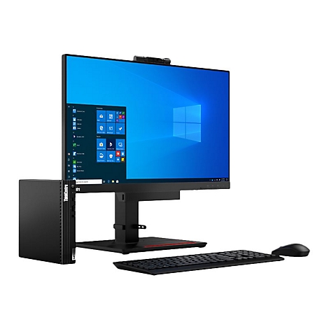 Ein schwarzer Lenovo ThinkCentre PC mit Monitor, Tastatur und Maus. Der Monitor zeigt das Windows-Startmenü.