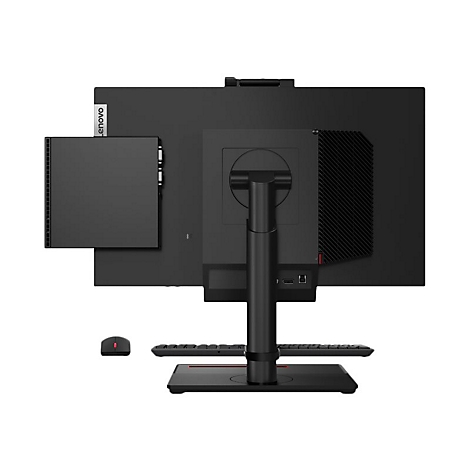 Die RÃ¼ckseite eines schwarzen All-in-One-Computers mit integrierter Lenovo-Mini-Einheit, einer Tastatur und einer Maus.