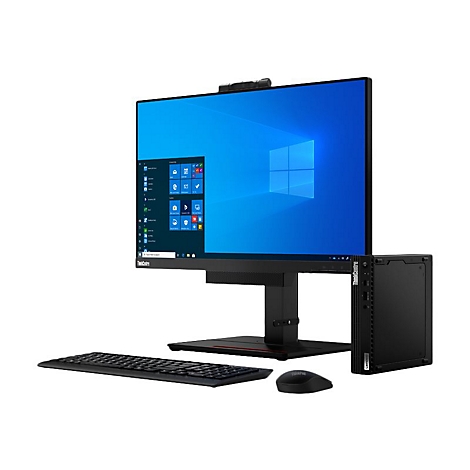 Ein schwarzer Lenovo ThinkCentre All-in-One-PC mit Monitor, Tastatur, Maus und Mini-PC.