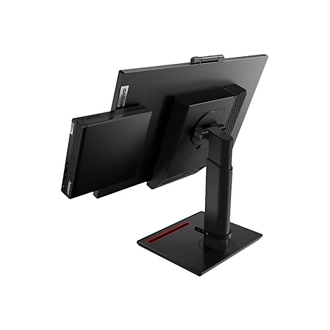 Schwarzer Lenovo Monitor mit Mini-PC-Halterung. Der Monitor hat einen Standfuß mit rotem Akzent.