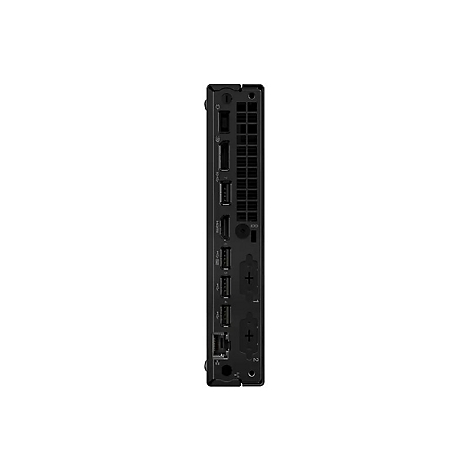 Schwarzer Mini-PC, Seitenansicht, mit mehreren Anschlüssen: USB, HDMI, Ethernet. Kühlsystem und Pluszeichen.
