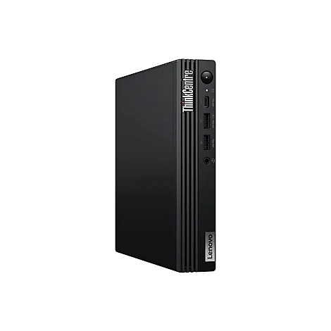 Schwarzer Lenovo ThinkCentre Mini-PC. Vertikales Gehäuse mit 'ThinkCentre' und 'Lenovo' Logos. Anschlüsse sichtbar.