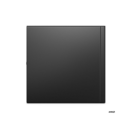 Schwarzer Desktop-PC von vorne, mit AMD-Logo rechts unten. Auf weißem Hintergrund.