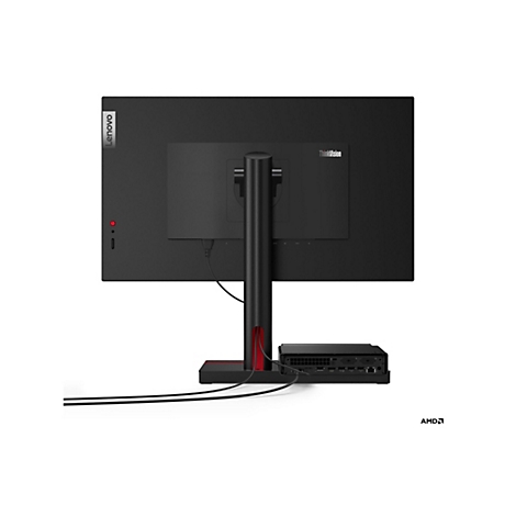 Die Rückseite eines schwarzen Lenovo ThinkVision Monitors mit rotem Detail am Standfuß und einer kleinen schwarzen AMD-Computer-Box.