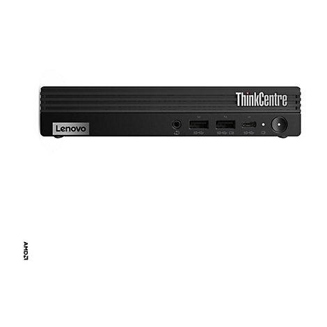 Schwarzer Lenovo ThinkCentre Desktop-PC vor weißem Hintergrund, mit Lenovo-Logo und ThinkCentre-Schriftzug.