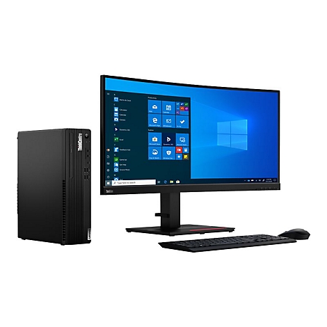Schwarzer PC, Monitor, Tastatur und Maus. Auf dem Monitor ist die Windows-Oberfläche zu sehen.