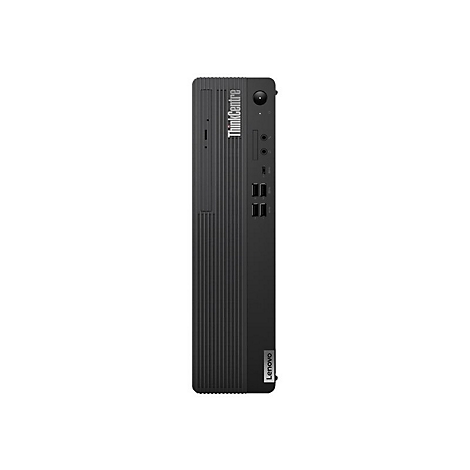 Schwarzer Lenovo ThinkCentre PC, vertikale Ansicht. ThinkCentre-Logo oben, Lenovo-Logo unten.