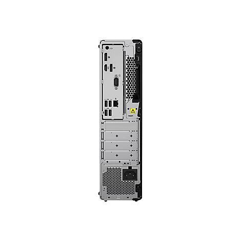 Rückseite eines schwarzen und grauen Desktop-Computers. Anschlüsse, Lüftungsschlitze und ein Netzanschluss sind zu sehen.