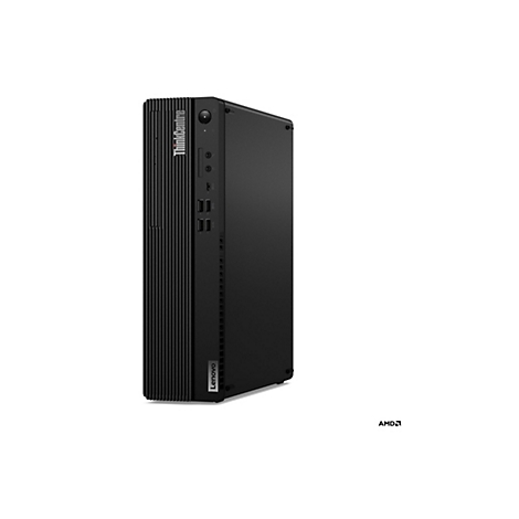 Schwarzer ThinkCentre Desktop-Computer. Die Vorderseite hat eine vertikale Struktur mit Anschlüssen, darunter ein Lenovo-Logo.