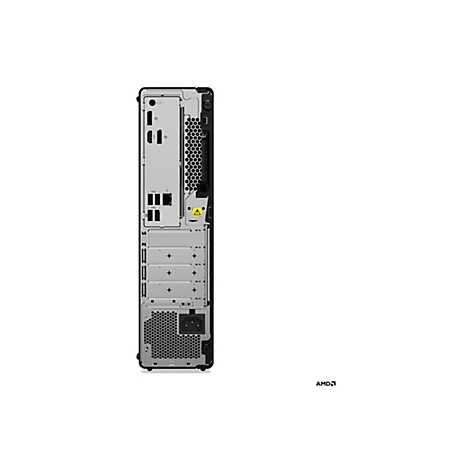 Rückseite eines schwarzen Tower-PCs mit Anschlüssen, darunter USB, HDMI und Ethernet. AMD-Logo.