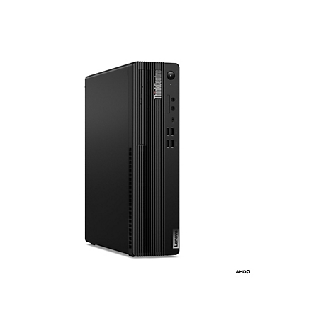 Schwarzer Lenovo ThinkCentre PC, Frontansicht, grauer Hintergrund. Auf dem Gehäuse steht 'ThinkCentre' und 'Lenovo'.