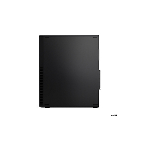 Schwarzer Desktop-PC auf weißem Hintergrund, Seitenansicht. Auf der rechten Seite ein AMD-Logo.