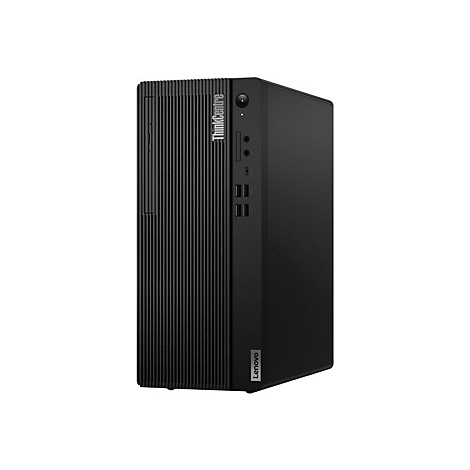 Schwarzer Lenovo ThinkCentre Tower PC, Frontansicht. Mit ThinkCentre und Lenovo Logo.