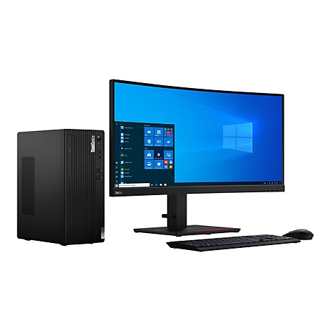 Ein schwarzer ThinkCentre-PC mit Monitor, Tastatur und Maus vor weißem Hintergrund.