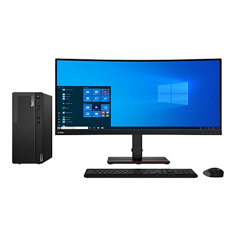 Ein Desktop-Computer mit Monitor, Tastatur und Maus. Der schwarze Monitor zeigt den Windows-Desktop. Alles vor weißem Hintergrund.