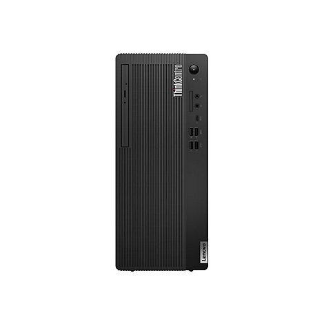 Ein schwarzer ThinkCentre-PC vor weißem Hintergrund. Auf der Vorderseite befinden sich das Lenovo-Logo und die Marke ThinkCentre.