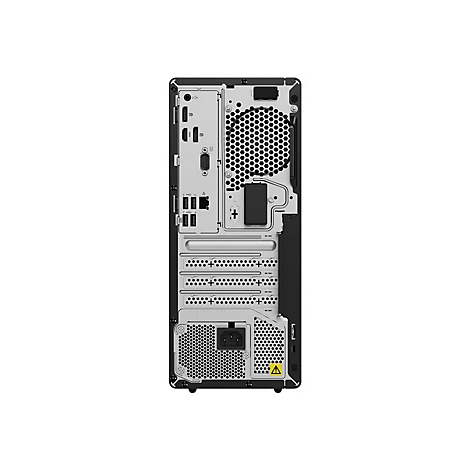 Rückansicht eines schwarzen PCs mit diversen Anschlüssen, Lüftungsgittern und einem Stromanschluss. Ein gelbes Dreieck-Warnsymbol ist zu sehen.