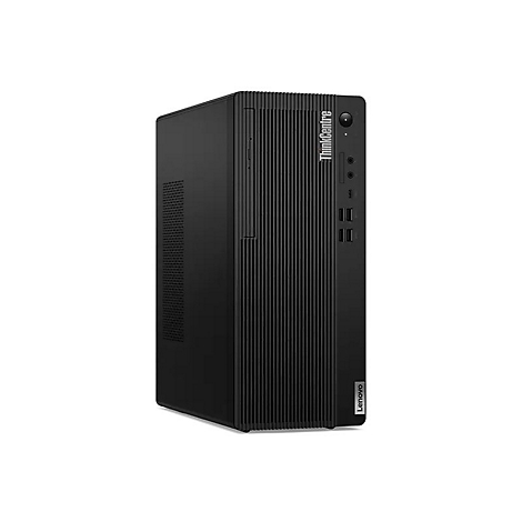 Schwarzer Lenovo ThinkCentre PC-Tower mit vertikalen Streifen auf der Vorderseite.