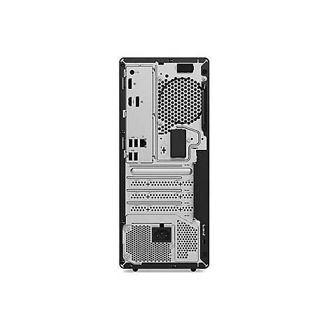 Rückseite eines schwarzen PCs. Mehrere Anschlüsse, Lüfter und ein Netzkabelanschluss sind zu sehen.