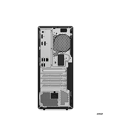 Rückansicht eines schwarzen Lenovo PCs. Es gibt Anschlüsse für Peripheriegeräte und Lüftungsöffnungen.