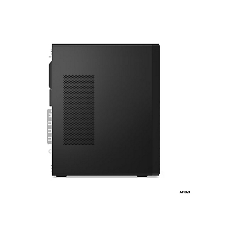 Ein schwarzer Desktop-PC in Seitenansicht auf weißem Hintergrund. Belüftungsöffnungen, Logo AMD.