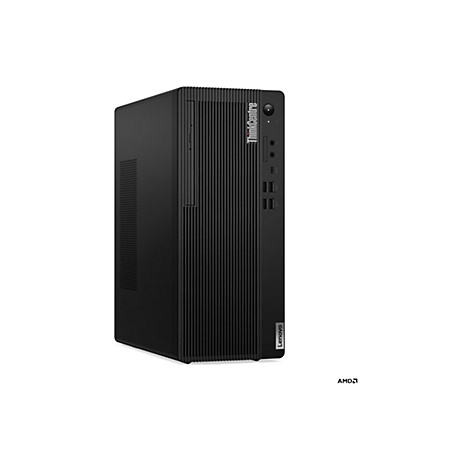 Ein schwarzer Lenovo ThinkCentre Desktop-PC. Das Gerät steht aufrecht, mit vertikalen Rillen auf der Vorderseite. Oben rechts befindet sich das ThinkCentre-Logo und Anschlüsse.