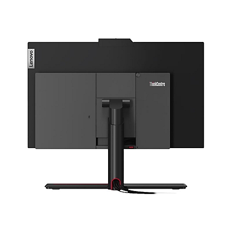 Rückansicht eines schwarzen Lenovo ThinkCentre-Monitors. Ein Standfuß und Kabel sind zu sehen.