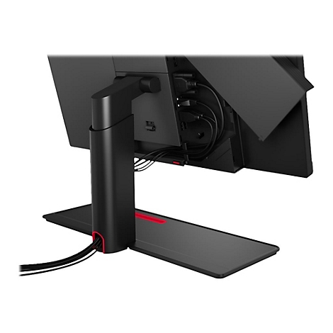 Schwarzer Monitor mit Rückseite, Kabeln und Ständer. Detailansicht der Anschlüsse, Kabelverlegung und des roten Akzents am Fuß.