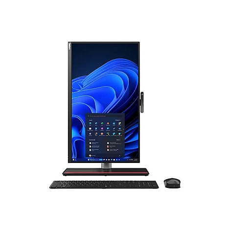 Ein All-in-One-Computer mit einem großen Bildschirm, der eine Windows-Oberfläche anzeigt, eine Tastatur, eine Maus, alles vor weißem Hintergrund.