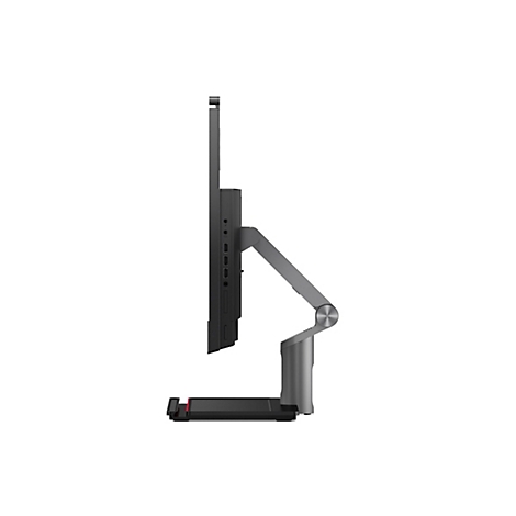 Ein grauer Monitor im Profil, mit verstellbarem Arm und StandfuÃŸ, vor weiÃŸem Hintergrund.