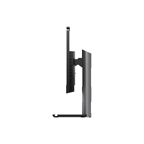 Seitenansicht eines schwarzen Monitors mit StandfuÃŸ. Details wie AnschlÃ¼sse sind zu sehen.