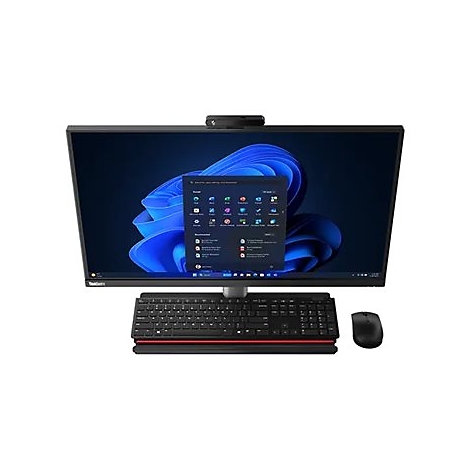 Ein Lenovo ThinkCentre All-in-One-PC mit Tastatur und Maus. Auf dem Bildschirm ist die Windows 11 Benutzeroberfläche zu sehen.