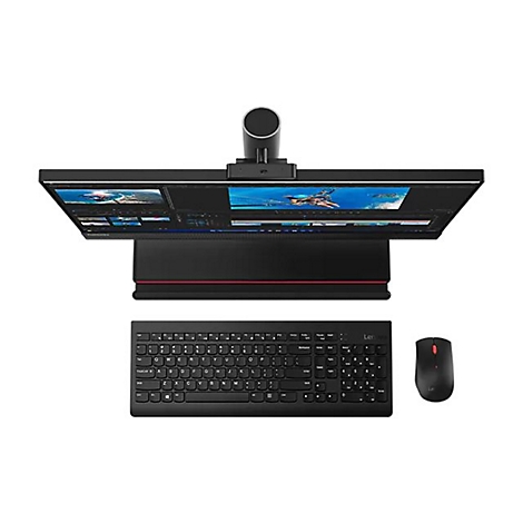 Ein All-in-One-Computer aus schwarzem Kunststoff, Tastatur und Maus vor weißem Hintergrund. Der Bildschirm zeigt eine Videoschnittstelle.