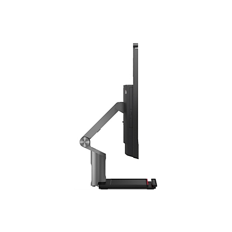 Ein Monitor von der Seite. Grauer StandfuÃŸ und Halterung. Schwarzer Bildschirm.
