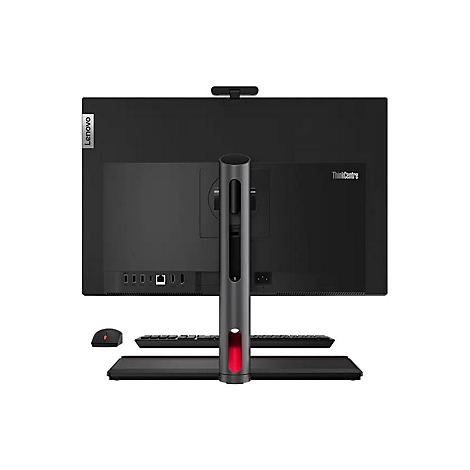 Rückansicht eines Lenovo ThinkCentre All-in-One-Computers mit roter Beleuchtung.
